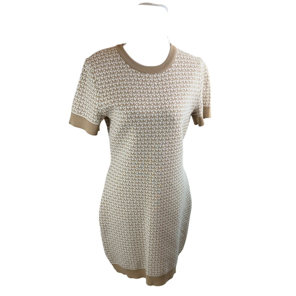 Michael Kors MK Monogram Logo Sweater Dress Camel Tan‎ Cream Women's Size M